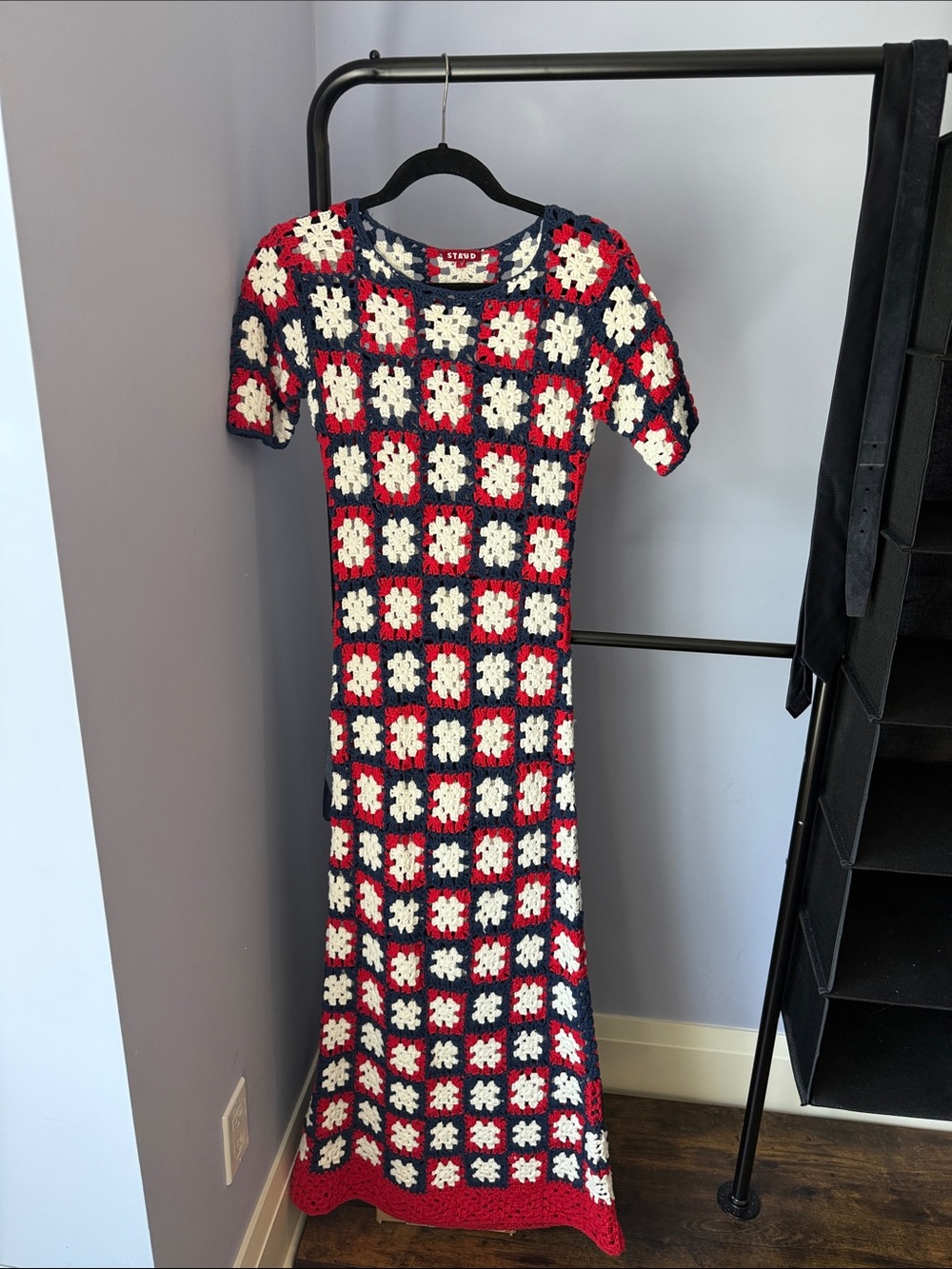 STAUD Red, Navy & Cream Crochet Maxi Dress - Picture 1 of 1